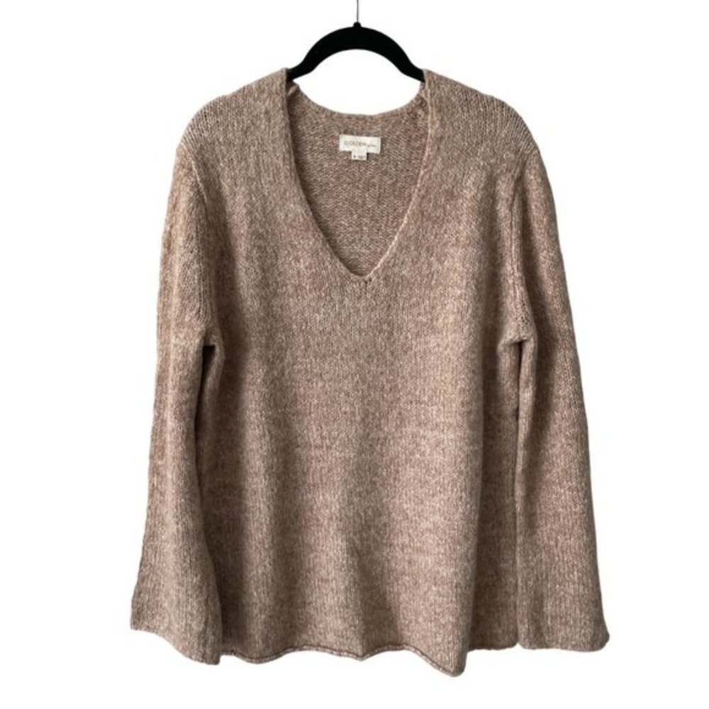 Aritzia Golden by TNA Pullover V-Neck Knit Sweater Scallop Hem Tan Medium